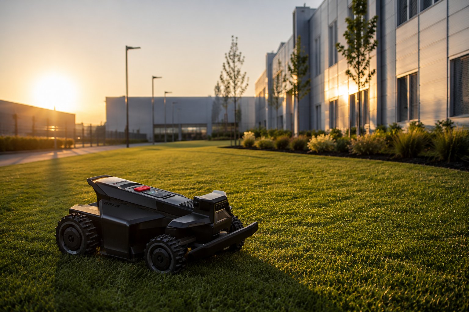 Autonomní sekací robot MowOps v provozu na firemním trávníku při západu slunce